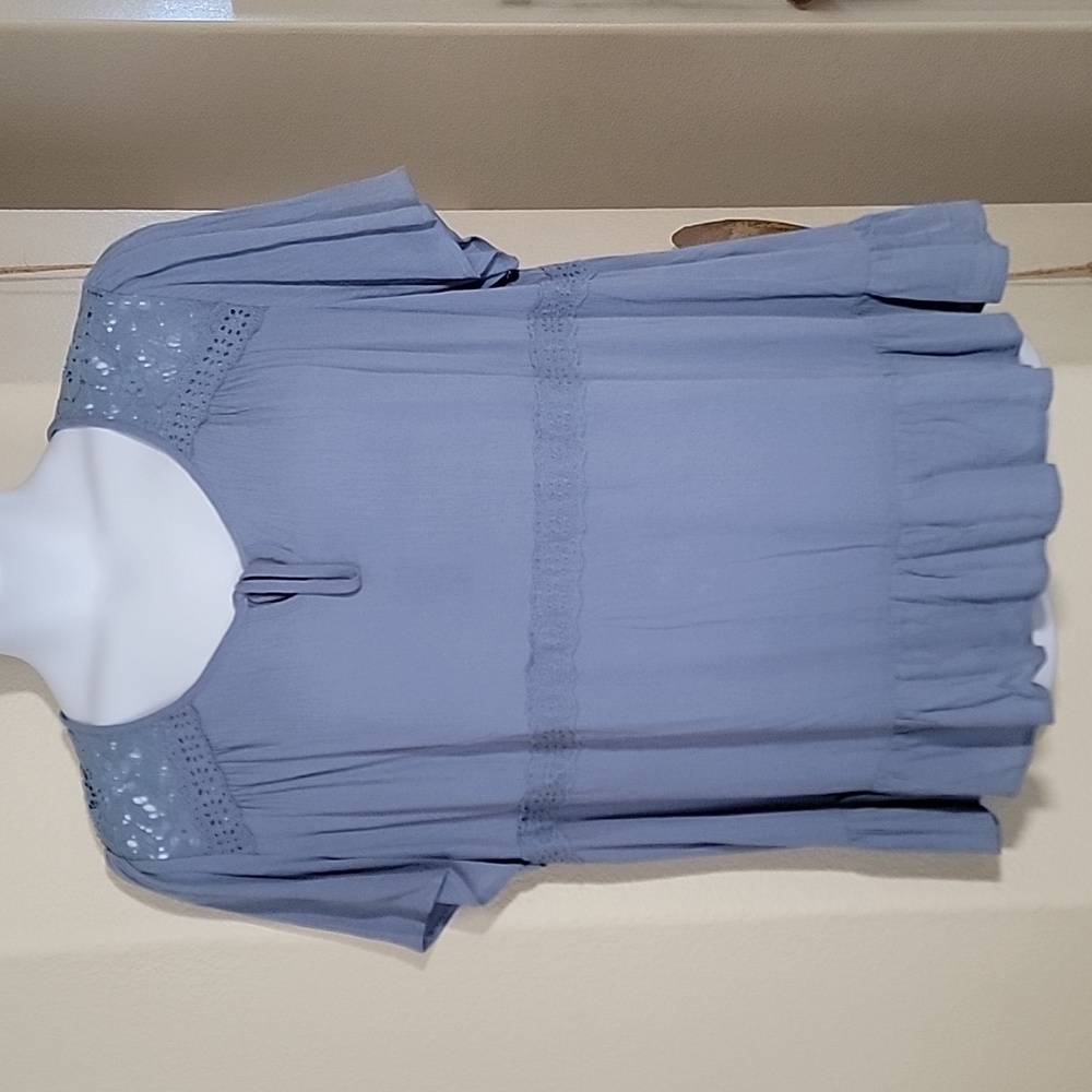 ARTESIA Short Bell Sleeve Boho Flowy Gauzy Top Blue sz XL NWT